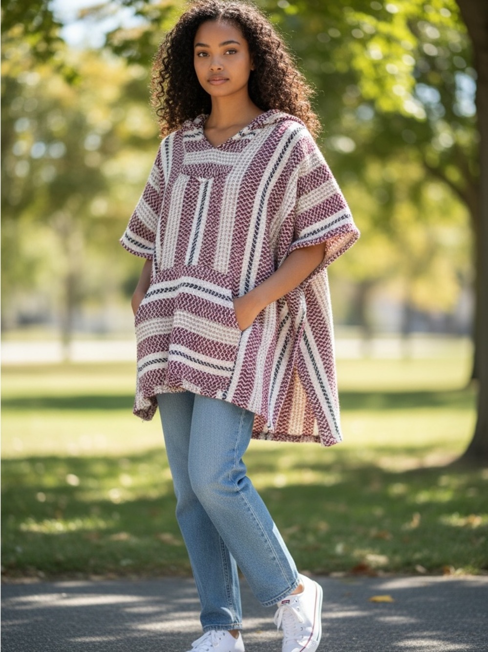 Baja Joe Striped Hooded Tunic Poncho in Pink and Cream